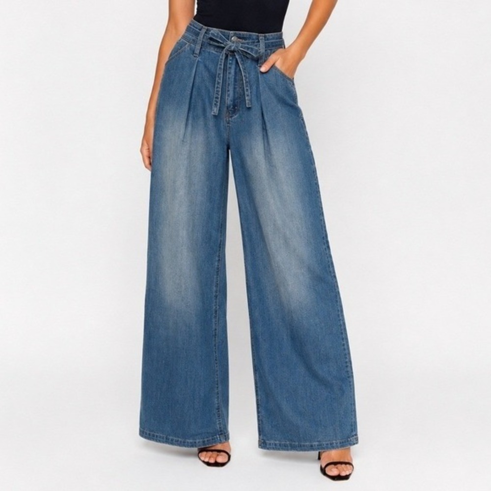 Wide Leg Paperbag Waist Jeans - Blue - Picture 1 of 9